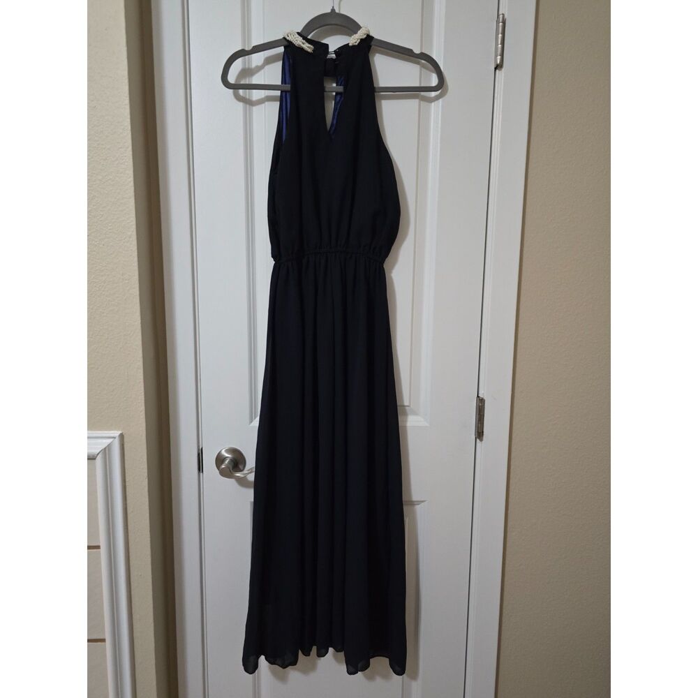 Navy Blue Halter Dress with Pearl Beaded Collar
